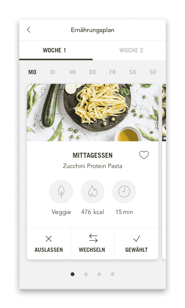 MY PULSE Ernährungsplan Plan mit Mahlzeiten (Smartphone Ansicht Beispiel Tag)